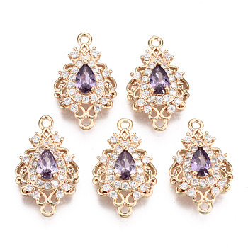 Brass Micro Pave Cubic Zirconia Links Connectors, with Glass, Long-Lasting Plated, Teardrop, Light Gold, Violet, 20x12x5mm, Hole: 1.4mm