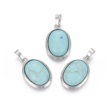 Synthetic Turquoise Pendants, with Brass Findings, Oval, Platinum, 25~26x17~17.5x8~9mm, Hole: 8x5mm