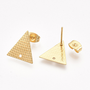 304 Stainless Steel Stud Earring Findings, with Ear Nuts/Earring Backs, Triangle, Golden, 13.5x13mm, Hole: 1mm, Pin: 0.7mm