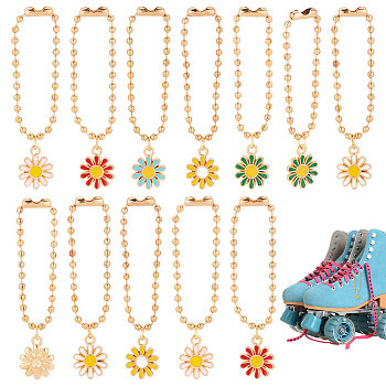 Flower Alloy Enamel Pendant Decoration, with Iron Ball Chains, Mixed Color, 59mm, 12pcs/set