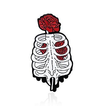 Rib Cage with Rose Safety Brooch Pin, Alloy Enamel Badge for Suit Shirt Collar, Skeleton, 32x17mm
