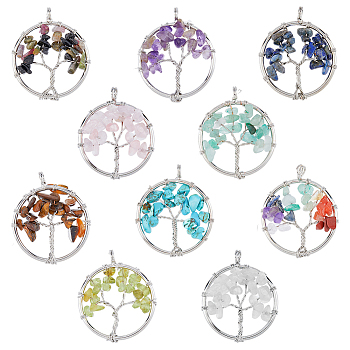 HOBBIESAY 10Pcs 10 Styles Natural & Synthetic Mixed Gemstone Chip Pendants, Tree of Life Charm, with Platinum Tone Brass Findings, 29x5~7mm, Hole: 4.5mm, 1pc/style