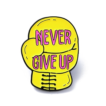 Word Never Give Up Enamel Pin, Boxing Glove Alloy Badge for Backpack Clothes, Electrophoresis Black, Yellow, 30.5x23.5x1.7mm