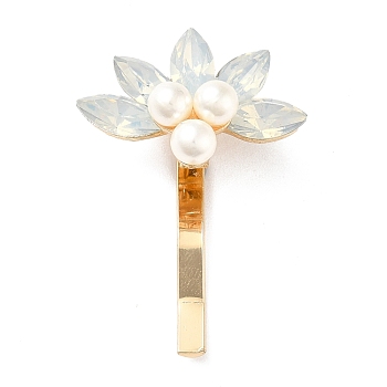 Glass & ABS Plastic Imitation Pearl Hair Findings, Pony Hook, with Alloy Findings, Flower, WhiteSmoke, 43x30x16mm