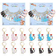 Alloy Enamel Cat Charm Locking Stitch Markers, Golden Tone 304 Stainless Steel Lobster Claw Clasp Locking Stitch Marker, Mixed Color, 3.7~4.1cm, 12pcs/set(HJEW-PH01711)