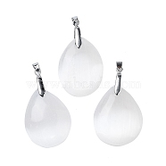 Natural Selenite Big Pendants, with Platinum Tone Rack Plating Brass Snap on Bails, Teardrop, 52x30x10.5mm, Hole: 4x7mm(G-M091-01A)