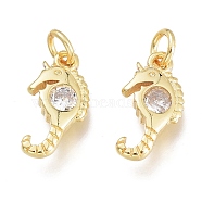 Brass Micro Pave Clear Cubic Zirconia Charms, with Jump Ring, Sea Horse, Golden, 12.5x6.5x2.5mm, Hole: 1.5mm, Jump Rings: 3.5x0.8mm(X-KK-M206-36G)