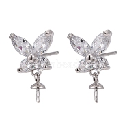 925 Sterling Silver Micro Pave Cubic Zirconia Ear stud Findings, Butterfly, Platinum, 14x9.5mm, Pin: 0.8mm(X-STER-P035-55P)