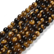 Natural Tiger Eye Beads Strands, Grade A, Round, Goldenrod, 4mm; about 95pcs/strand, 15 inch(G-G099-4mm-4)