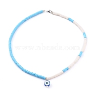 Polymer Clay Evil Eye Pendant Necklaces, Heishi Beads, with Brass Lobster Claw Clasps, Silver Color Plated, Light Sky Blue, 16.54 inch(42cm)(X-NJEW-JN03379)