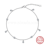 925 Sterling Silver Cable Chain Anklet, Micro Pave Cubic Zirconia Round Charm, Real Platinum Plated, 8-1/2 inch(21.5cm)(AJEW-Z029-08P)