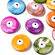 Natural Freshwater Shell Beads, with Enamel, Double-Faced, Flat Round with Evil Eye, Dyed, Mixed Color, 24~25x5~6mm, Hole: 0.9mm(SHEL-N003-09)