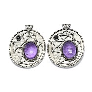 Natural Amethyst Oval Pendants, Rack Plating Antique Silver Plated Brass Pave Rhinestone Oval Charms, Cadmium Free & Lead Free, 45x35x8mm, Hole: 3.5mm(G-Q165-03AS-07)