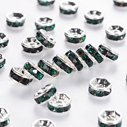 Brass Grade A Rhinestone Spacer Beads, Silver Color Plated, Nickel Free, Emerald, 7x3.2mm, Hole: 1.2mm(RSB037NF-12)