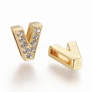 Initial Slide Beads, Alloy Rhinestone Beads, Golden, Letter V, about 10mm wide, 11.5mm wide, 5mm thick, hole: 1.5mm(ZP10-V)