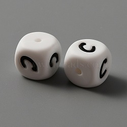 Food Grade Eco-Friendly Silicone Beads, White Cube with Black Letter, Letter.C, 12x12x12mm, Hole: 2mm(SIL-TAG0001-01C)