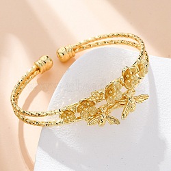 Brass Cuff Bangles, Torque Bangles for Women,  Butterfly with Flower, Rack Plating, Cadmium Free & Lead Free, Lasting Plated, Real 18K Gold Plated, Inner Diameter: 2-1/4x1-7/8 inch(5.6x4.7cm)(BJEW-U025-01G-02)