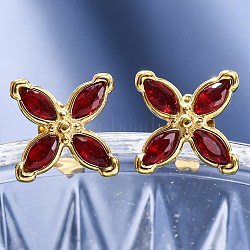304 Stainless Steel Stud Earrings, with Cubic Zirconia, Ion Plating(IP), Flower, Golden, Red, 13x13mm(EJEW-C135-01G-01)