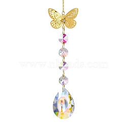 Iron Hanging Ornaments, Glass AB Color Octagonal Beads Tassel Suncatchers for Outdoor Garden Dcorations, Butterfly, 335mm, Butterfly: 195x60mm(AJEW-H154-03E)