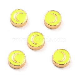 Brass Enamel Beads, Real 18K Gold Plated, Long-Lasting Plated, Cadmium Free & Lead Free, Flat Round with Moon Pattern, Yellow, 10x3.5mm, Hole: 1.6mm(KK-D068-01G-04-RS)