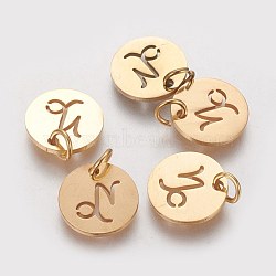 304 Stainless Steel Pendants, with Jump Ring, Laser Cut, Flat Round with Constellation/Zodiac Sign, Golden, Capricorn, 12x1mm, Hole: 3mm(A-STAS-Q201-T445-10G)