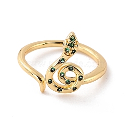 Spiral Snake Cubic Zirconia Cuff Rings, Real 18K Gold Plated Open Ring, Cadmium Free & Lead Free, Green, US Size 6 1/2(16.9mm)(RJEW-C017-09G-01-RS)