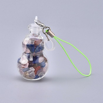 Transparent Glass Wishing Bottle Pendant Decoration, with Natural Mixed Stone Chips inside, Plastic Plug, Nylon Cord and Iron Findings, Gourd, 111~130mm