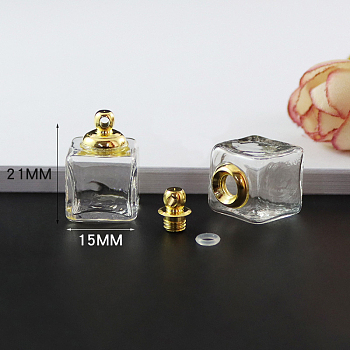 Transparent Glass Openable Perfume Bottle Pendants, with Brass Findings, Cuboid, Clear, 21x15mm