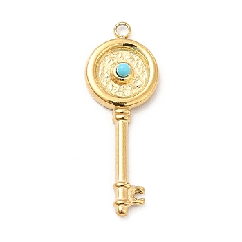 Synthetic Turquoise Pendants, Key Charms, Ion Plating(IP) 304 Stainless Steel Findings, Golden, 26.5x10x3mm, Hole: 1.4mm