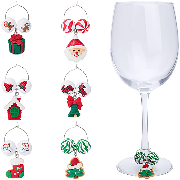 6Pcs Christmas Wood Wine Glass Charms, with Snowflake Resin Charms  Brass Wine Glass Charms Ring, Mixed Color, 55~60mm