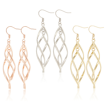 3 Pairs 3 Colors Brass Twist Wave Dangle Earrings for Women, Mixed Color, 70mm, Pin: 0.6mm, 1 pair/color