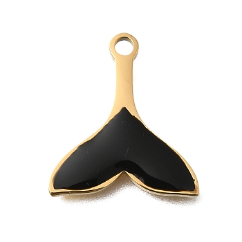 PVD Vacuum Plating 201 Stainless Steel Pendants, with Enamel, Fish Tail Charm, Real 18K Gold Plated, Black, 17x15x2mm, Hole: 1.6mm