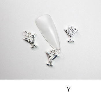 Alloy Rhinestone Cabochons, Nail Art Decoration Accessories, with Jump Ring, Letter, Platinum, Letter.Y, 11~14x5~12mm