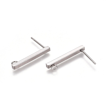 304 Stainless Ear Stud Components, with Loop, Rectangle, Stainless Steel Color, 20x2x2mm, Hole: 1.5mm, Pin: 0.8mm