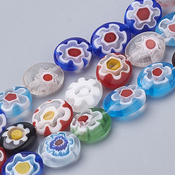 Handmade Millefiori Lampwork Beads Strands, Oval, Mixed Color, 10x8x3mm, Hole: 0.8mm, about 37pcs/strand, 13.7 inch