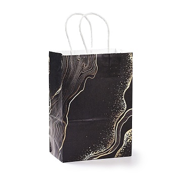 Kraft Paper Bags, with Handle, Gift Bags, Shopping Bags, Rectangle with Marble Pattern, Black, 15x8x21cm