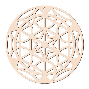 Laser Cut Wooden Wall Sculpture, Torus Wall Art, Home Decor Meditation Symbol, Yoga Hanging Artwork, Flat Round with Hexagram, BurlyWood, 31x0.6cm