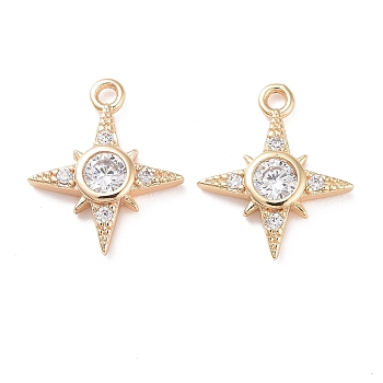 Brass Micro Pave Clear Cubic Zirconia Charms, Cadmium Free & Lead Free, Star, Real 14K Gold Plated, 14x12x2.5mm, Hole: 1.2mm