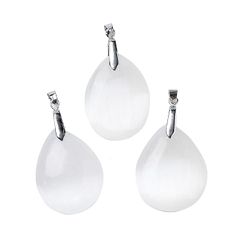 Natural Selenite Big Pendants, with Platinum Tone Rack Plating Brass Snap on Bails, Teardrop, 52x30x10.5mm, Hole: 4x7mm