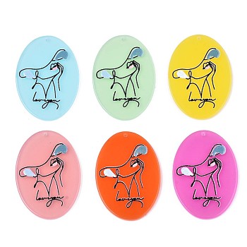 Translucent Cellulose Acetate(Resin) Pendants, 3D Printed, Oval with Woman, Word with Loveyou, Mixed Color, 44.5x31.5x2.5mm, Hole: 1.5mm