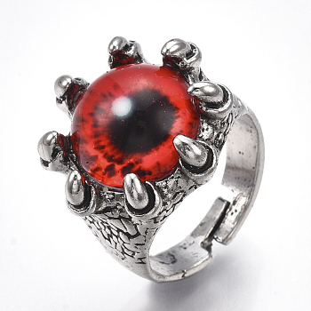 Adjustable Alloy Glass Finger Rings, Wide Band Rings, Dragon Eye, Antique Silver, Red, Size 8, 18mm