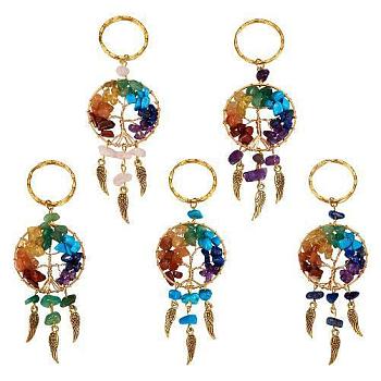 5Pcs 5 Style Gemstone Keychain, with Iron Split Key Rings, Alloy Wing Charms and Mixed Gemstone Tree of Life Linking Rings, 11.2cm, 1pc/style