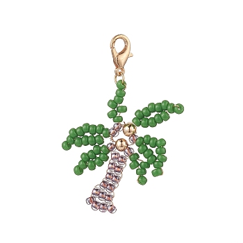 Glass Beaded Pendant Decorations, Zinc Alloy Lobster Clasp Charms, Clip-on Charms, Coconut Tree, Golden, 50mm