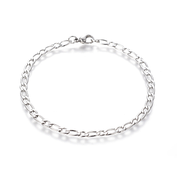 304 Stainless Steel Figaro Chain Bracelets, with Lobster Claw Clasps, Stainless Steel Color, 8-1/8 inch(20.7cm), 4mm