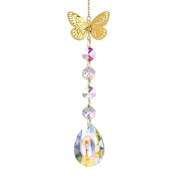 Iron Hanging Ornaments, Glass AB Color Octagonal Beads Tassel Suncatchers for Outdoor Garden Dcorations, Butterfly, 335mm, Butterfly: 195x60mm