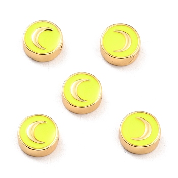 Brass Enamel Beads, Real 18K Gold Plated, Long-Lasting Plated, Cadmium Free & Lead Free, Flat Round with Moon Pattern, Yellow, 10x3.5mm, Hole: 1.6mm