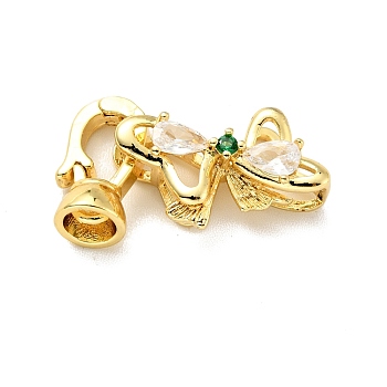 Rack Plating Brass Clear & Green Cubic Zirconia Fold Over Clasps, Cadmium Free & Lead Free, Long-Lasting Plated, Bowknot, Golden, Bowknot: 11x18mm, Clasp: 12x8mm, Inner Diameter: 4mm