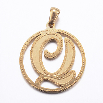 Ion Plating(IP) 304 Stainless Steel Pendants, Flat Round with Letter, Golden, Letter.Q, 28x25x1.2mm, Hole: 6x3.5mm