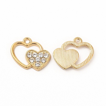 Alloy Rhinestone Charms, Double Heart, Golden, 14.5x17.5x2mm, Hole: 1.5mm