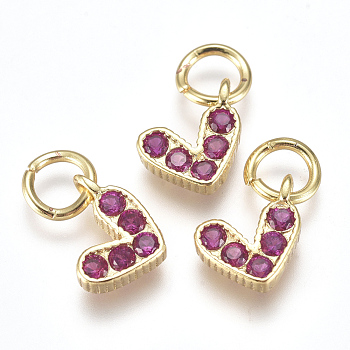 Brass Micro Pave Cubic Zirconia Charms, with Jump Ring, Long-Lasting Plated, Real 18K Gold Plated, Heart, Fuchsia, 6x8x2mm, Hole: 3mm